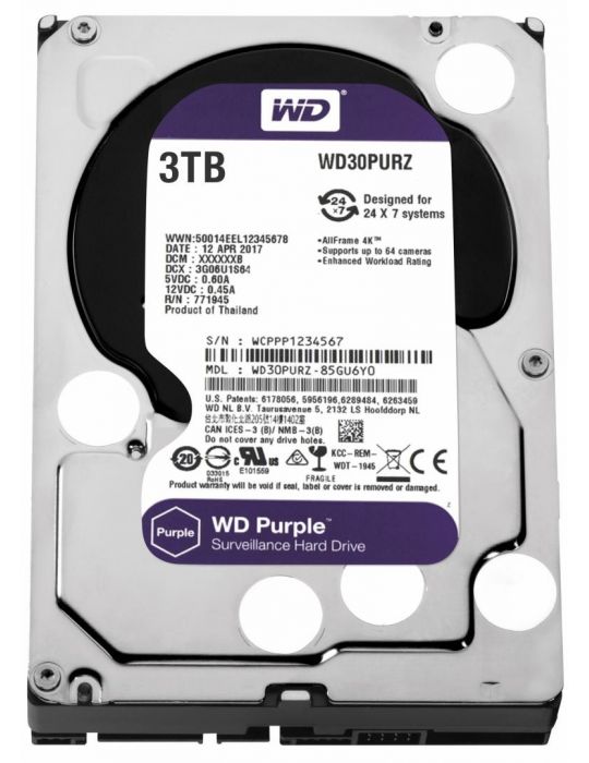 Hdd intern wd 3.5 3tb purple sata3 5400rpm 64mb surveillance Wd - 1